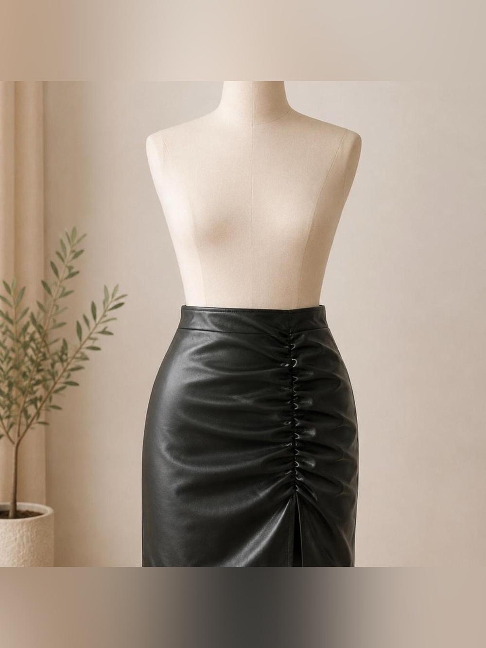 Windsor Black Faux Leather Ruched Pencil Skirt